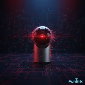 Minh họa rủi ro bảo mật IoT với hình ảnh một chiếc camera an ninh bị hack, hiển thị các dòng mã lỗi màu đỏ.