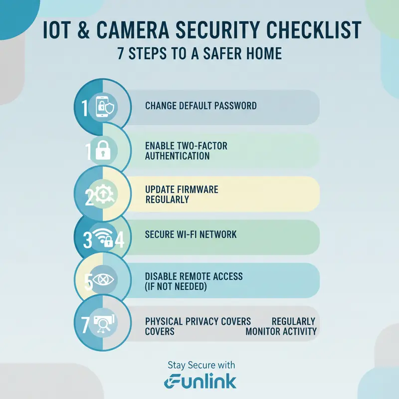 Infographic checklist 7 bước cần thiết để xử lý rủi ro bảo mật IoT và bảo vệ camera gia đình.