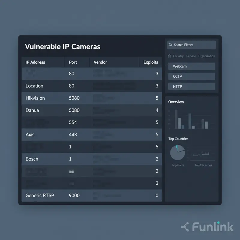 Giao diện công cụ tìm kiếm Shodan cho thấy rủi ro bảo mật IoT qua danh sách camera không được bảo vệ.