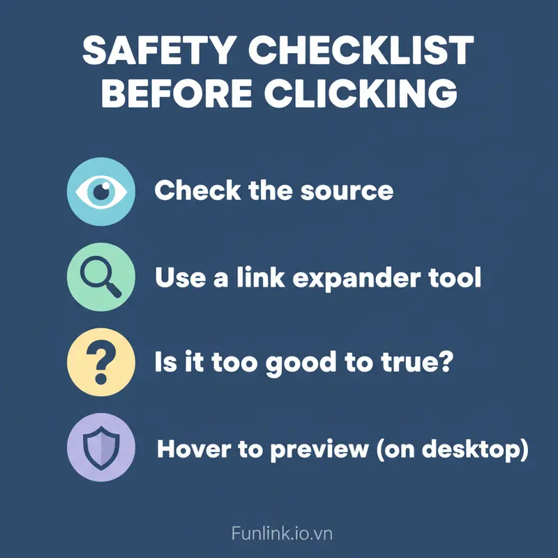 Checklist các bước kiểm tra an toàn, phòng tránh rủi ro bảo mật từ link rút gọn đáng ngờ.