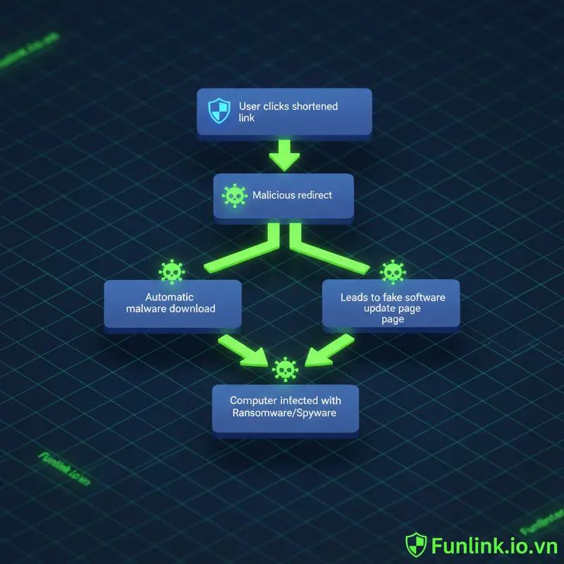 Sơ đồ luồng minh họa rủi ro bảo mật từ link rút gọn dẫn đến cài đặt malware vào máy tính.