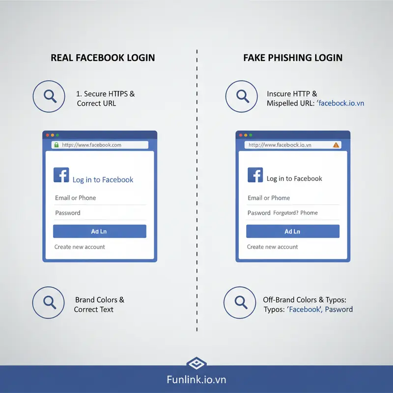 Infographic so sánh rủi ro bảo mật từ link rút gọn: trang đăng nhập Facebook thật và giả để lừa đảo phishing.