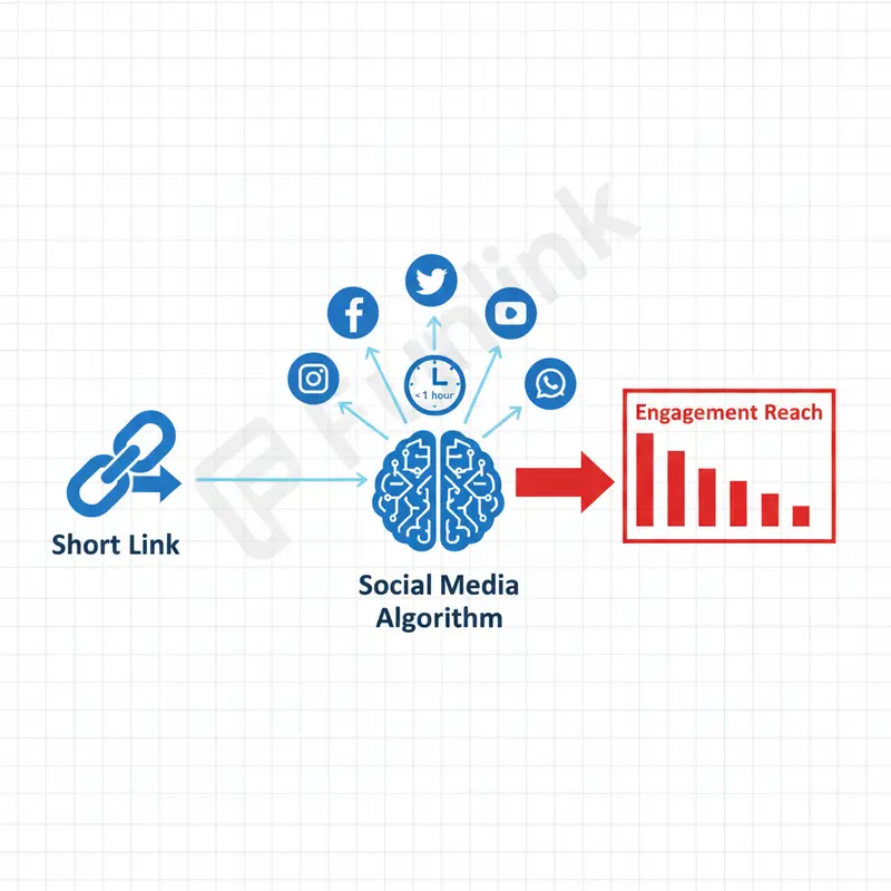 Sơ đồ giải thích rủi ro khi sử dụng link rút gọn lặp lại, bị Facebook coi là spam và giảm tương tác.