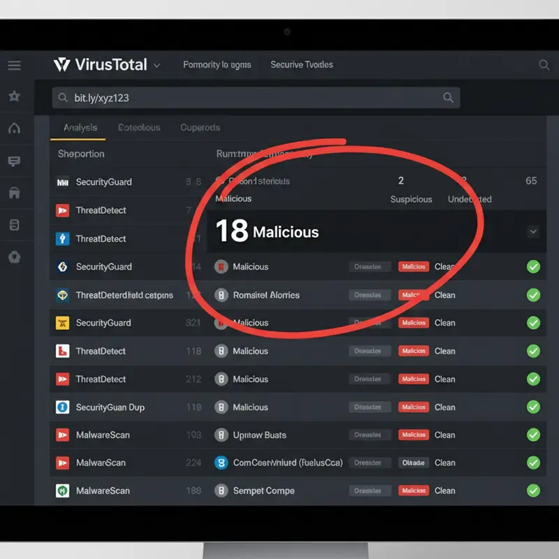 Kiểm tra rủi ro khi sử dụng shortlink bằng VirusTotal với kết quả được khoanh đỏ.