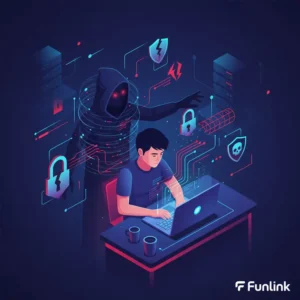 Cảnh báo các rủi ro wifi công cộng với biểu tượng hacker ẩn sau laptop trong quán cà phê.