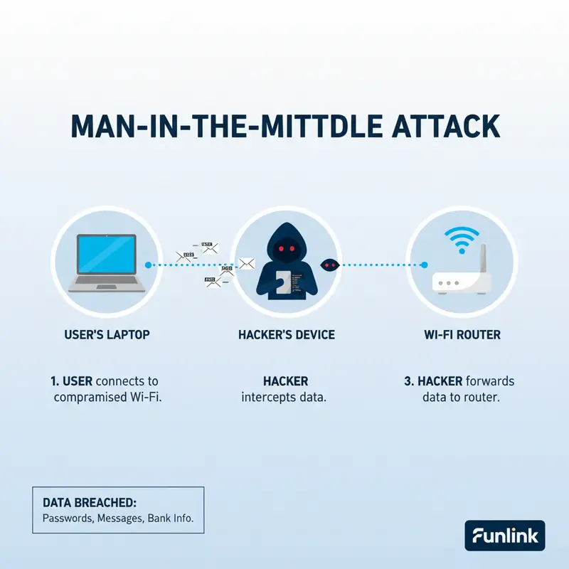 Sơ đồ minh họa rủi ro wifi công cộng qua tấn công Man-in-the-Middle (MITM).