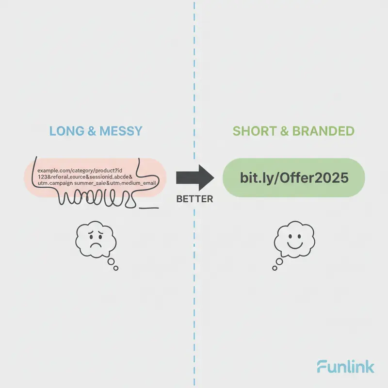 So sánh trực quan giữa một link gốc dài và link đã rút gọn bằng Bitly.