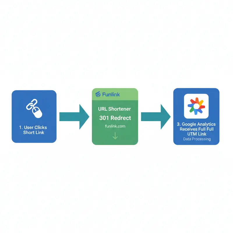 Sơ đồ luồng hoạt động của việc rút gọn link UTM, đảm bảo giữ nguyên tham số tracking.