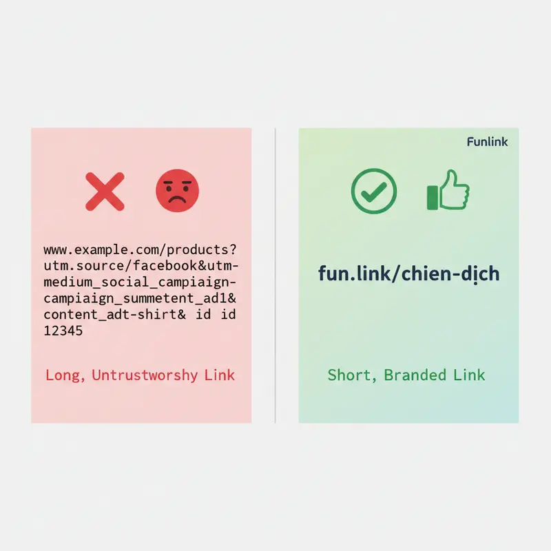 So sánh link UTM trước và sau khi rút gọn, cho thấy sự chuyên nghiệp của branded link.