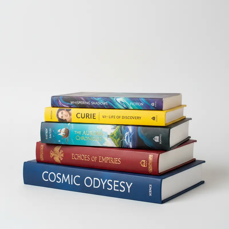 Một chồng sách với nhiều thể loại khác nhau, từ khoa học, lịch sử đến tiểu thuyết