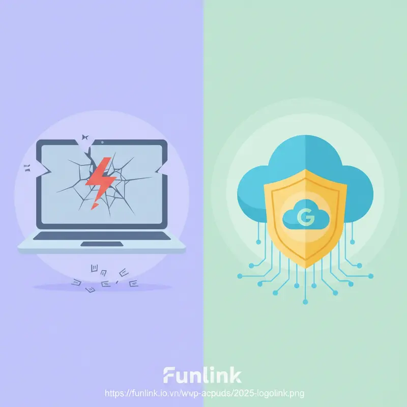 Minh họa rủi ro mất dữ liệu khi máy tính hỏng và giải pháp sao lưu dữ liệu máy tính lên Google Drive an toàn.