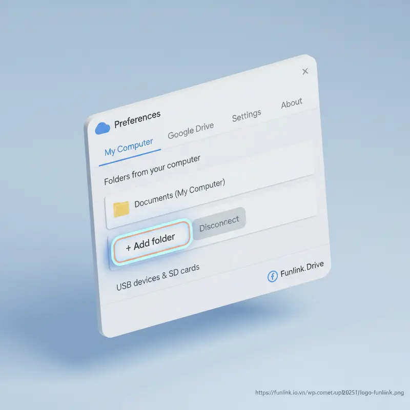Hướng dẫn cấu hình sao lưu dữ liệu máy tính lên Google Drive qua giao diện cài đặt với nút Add Folder được làm nổi bật.