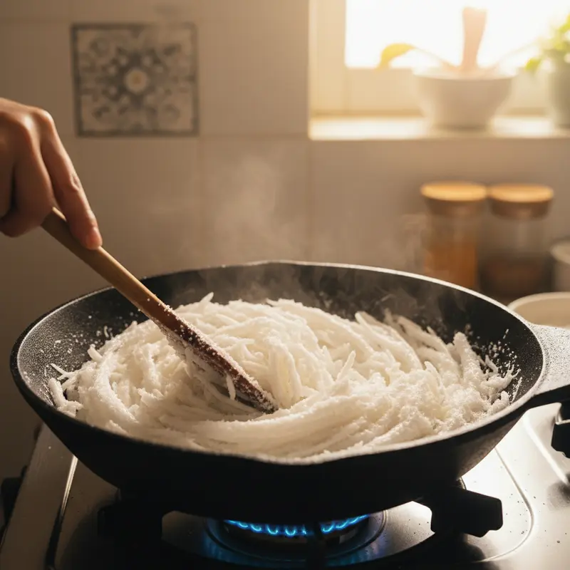 Quá trình sên mứt dừa trên chảo nóng cho đến khi đường kết tinh