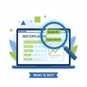 Minh họa khái niệm SEO là gì với kính lúp soi vào website để tối ưu hóa.