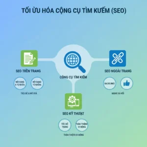 Hình ảnh giải thích SEO là gì với các icon minh họa cho on-page, off-page và technical SEO.