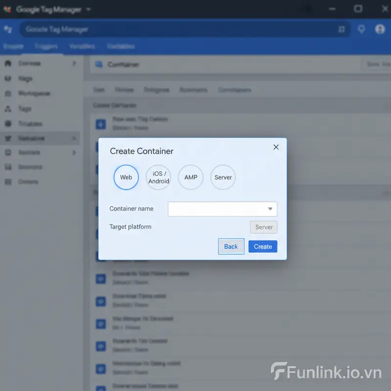 Giao diện Google Tag Manager để tạo một server container mới cho server-side tracking.