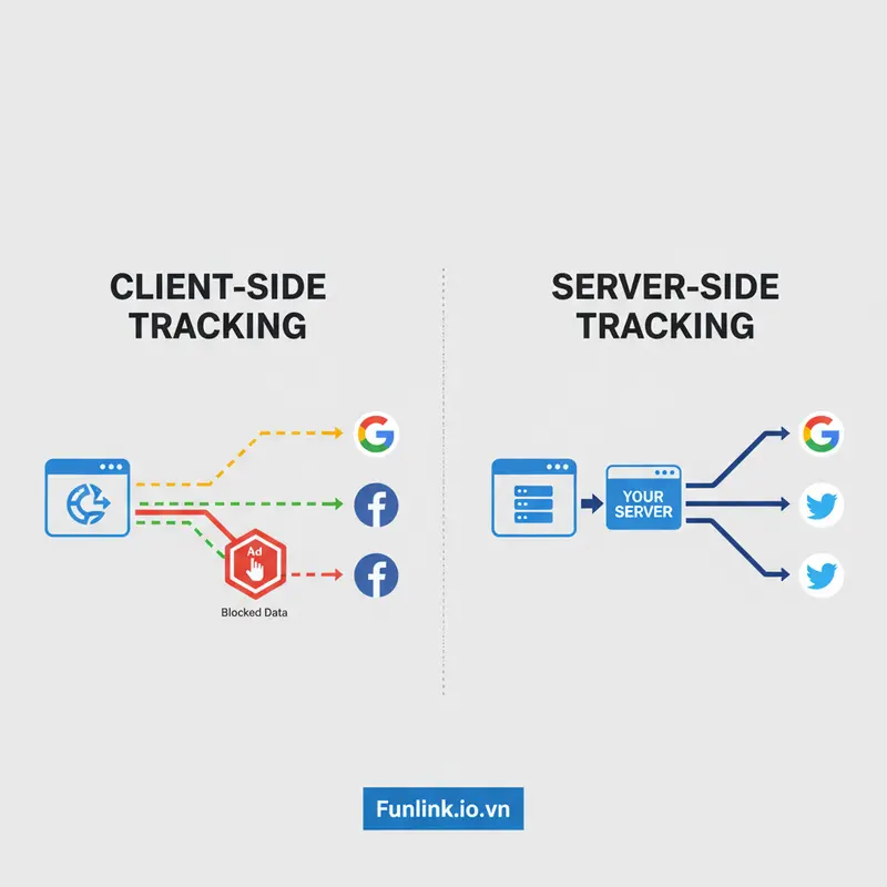 So sánh Server-side tracking với Client-side tracking qua sơ đồ luồng dữ liệu.