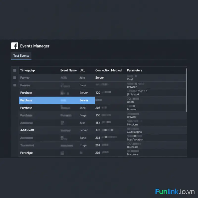 Kiểm tra sự kiện server-side tracking trong Facebook Events Manager.