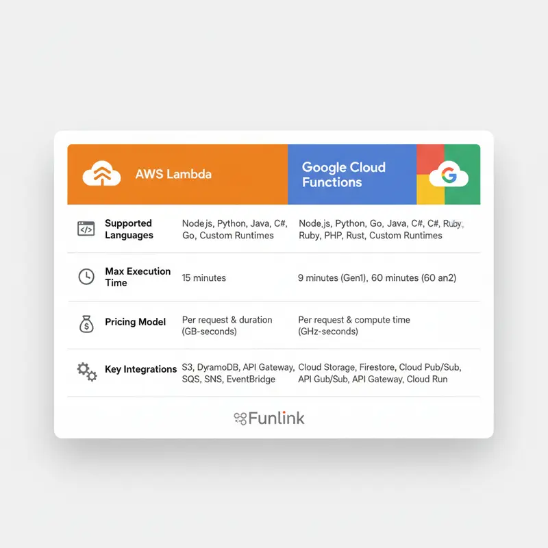 Bảng so sánh chi tiết các tính năng của AWS Lambda và Google Cloud Functions trong hệ sinh thái serverless computing.