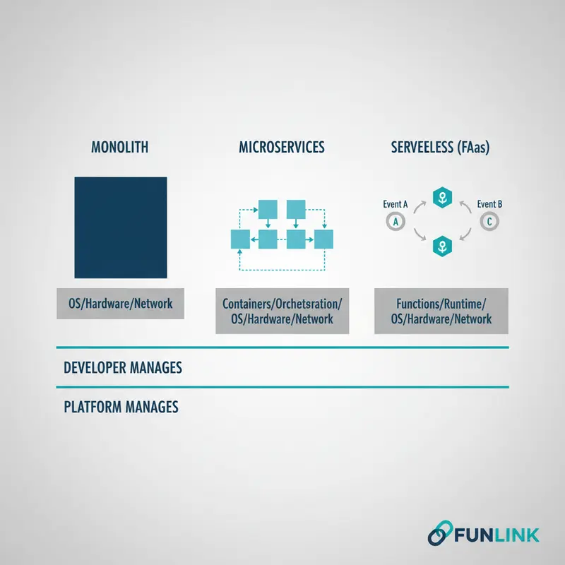 So sánh kiến trúc Serverless computing với Monolith và Microservices về tầng quản lý hạ tầng.