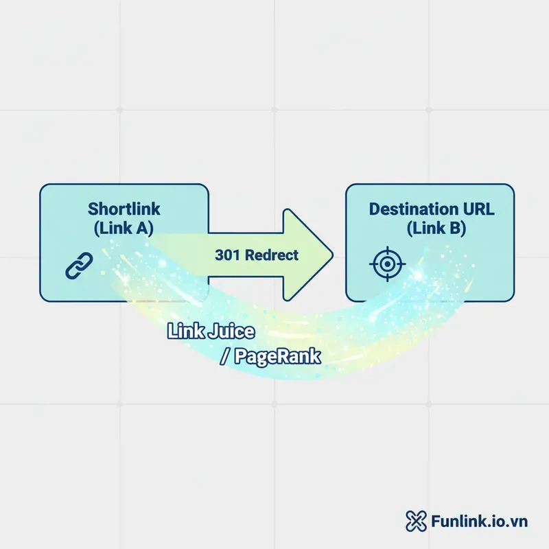 Sơ đồ minh họa shortlink dùng 301 redirect để bảo toàn Link Juice, không ảnh hưởng xấu đến SEO.