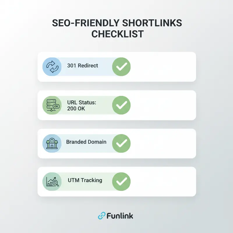 Checklist infographic kiểm tra shortlink chuẩn SEO với các mục redirect 301, URL đích 200, branded domain và tracking UTM.