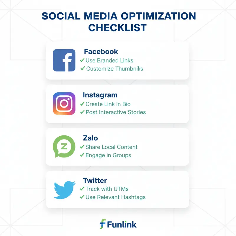 Infographic checklist chiến lược shortlink trên mạng xã hội Facebook, Instagram, Zalo, Twitter.
