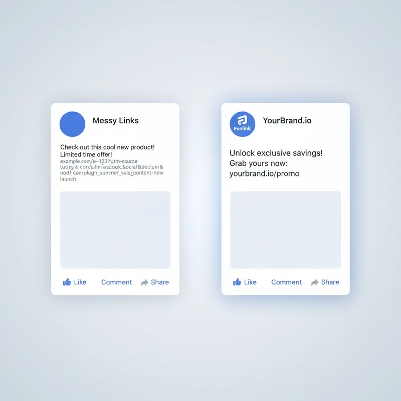 So sánh shortlink trên mạng xã hội: một bên là link dài và một bên là branded shortlink Funlink chuyên nghiệp.