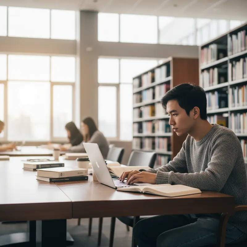 Sinh viên đang ngồi học với laptop trong thư viện