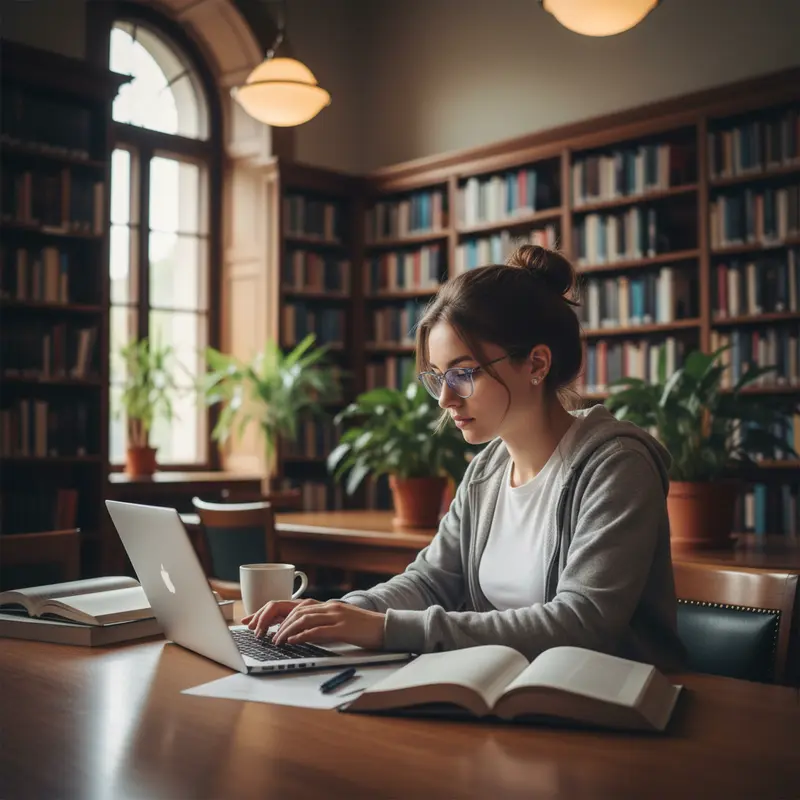Sinh viên đang tập trung học tập với laptop trong thư viện