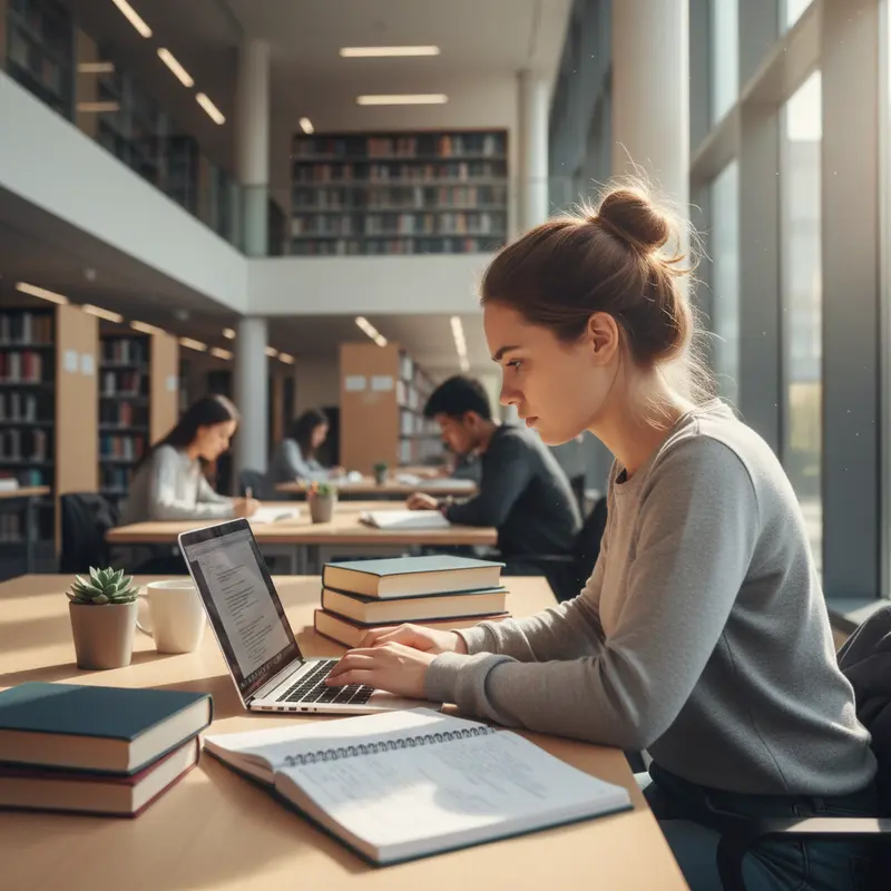 Sinh viên đang sử dụng laptop để học tập trong thư viện