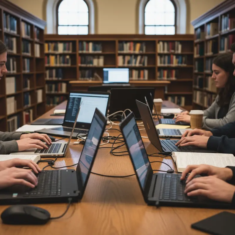 Nhóm sinh viên đang học tập và thảo luận với laptop trong thư viện