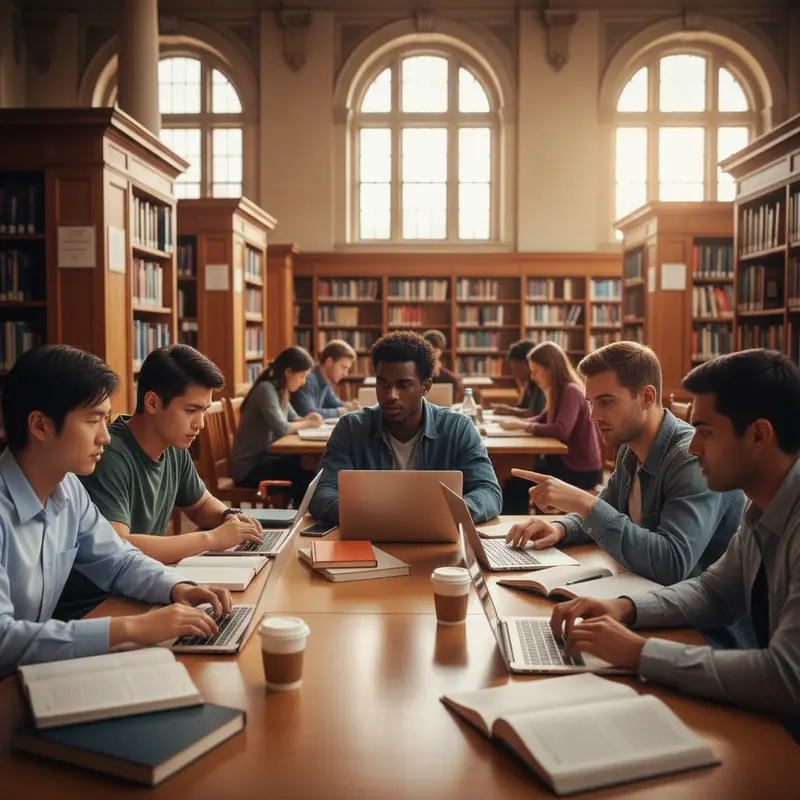 Nhóm sinh viên đang học tập và thảo luận với laptop trong thư viện