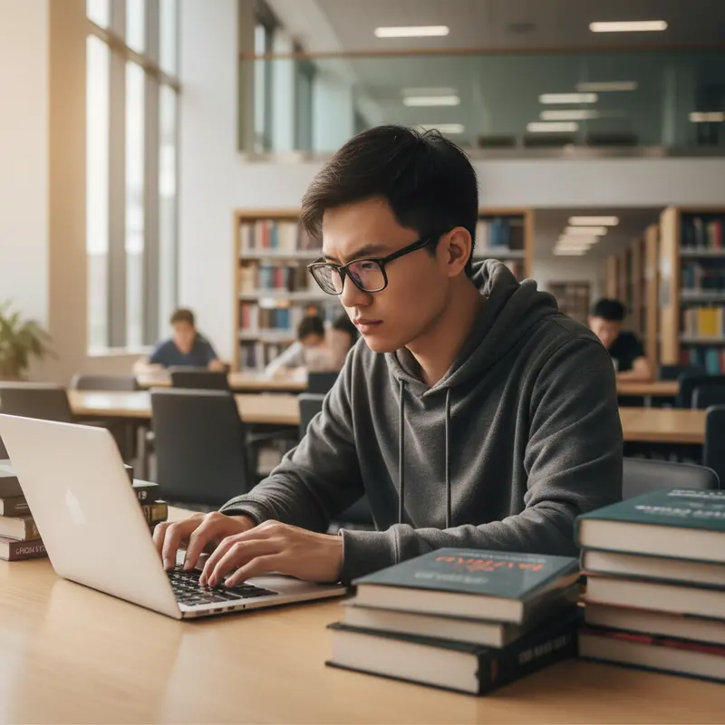 Sinh viên đang tập trung học bài với laptop trong thư viện yên tĩnh