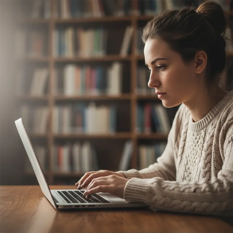 Một sinh viên đang tập trung học tập với chiếc laptop của mình trong thư viện