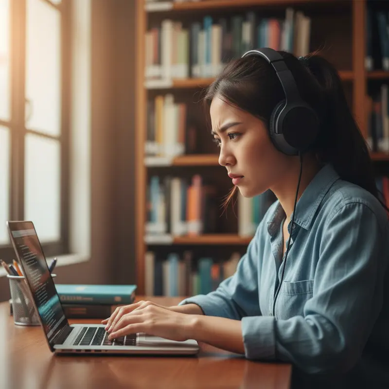 Một sinh viên đang chăm chú học bài với laptop trong thư viện