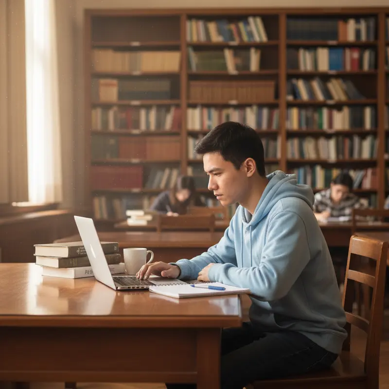 Sinh viên đang ngồi học với laptop trong thư viện