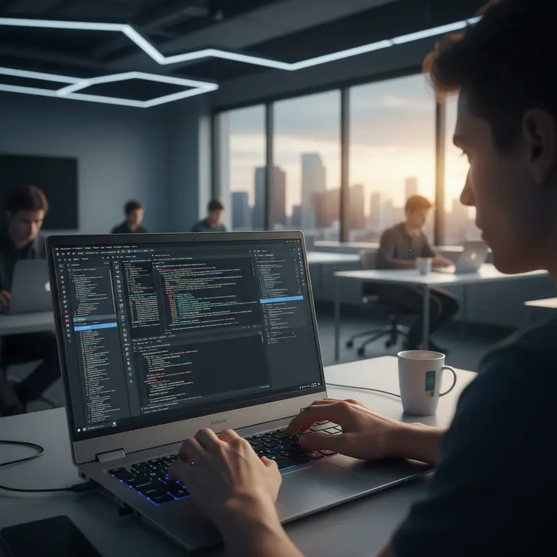 Một sinh viên ngành công nghệ thông tin đang tập trung viết code trên laptop có cấu hình mạnh