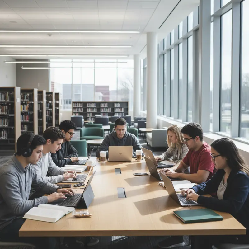 Một nhóm sinh viên đang ngồi học và sử dụng laptop trong thư viện