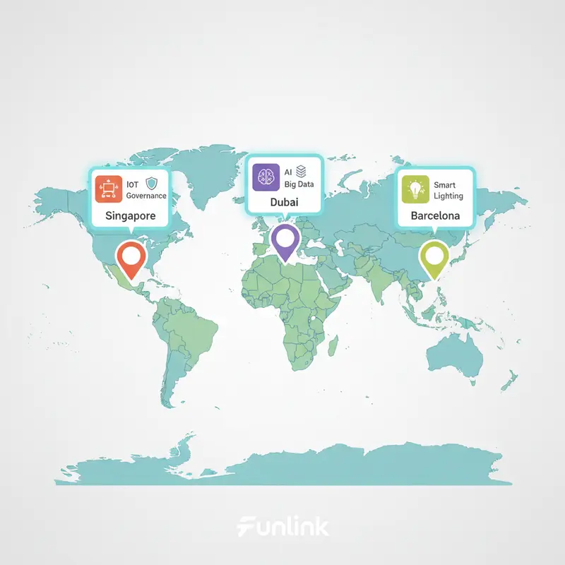 Bản đồ thế giới các Smart City tiêu biểu như Singapore, Dubai, Barcelona.