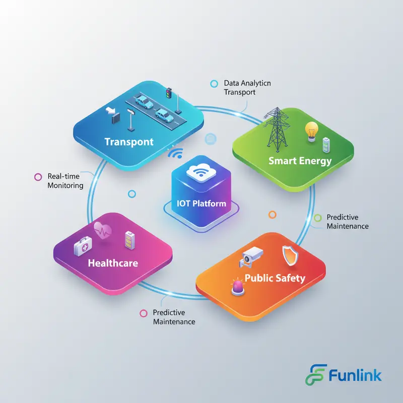 Infographic tổng quan hệ sinh thái Smart City, thể hiện kết nối IoT giữa các lĩnh vực trọng yếu.