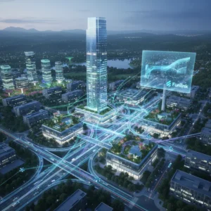 Smart City - hình ảnh đô thị tương lai với các luồng dữ liệu IoT kết nối vạn vật.