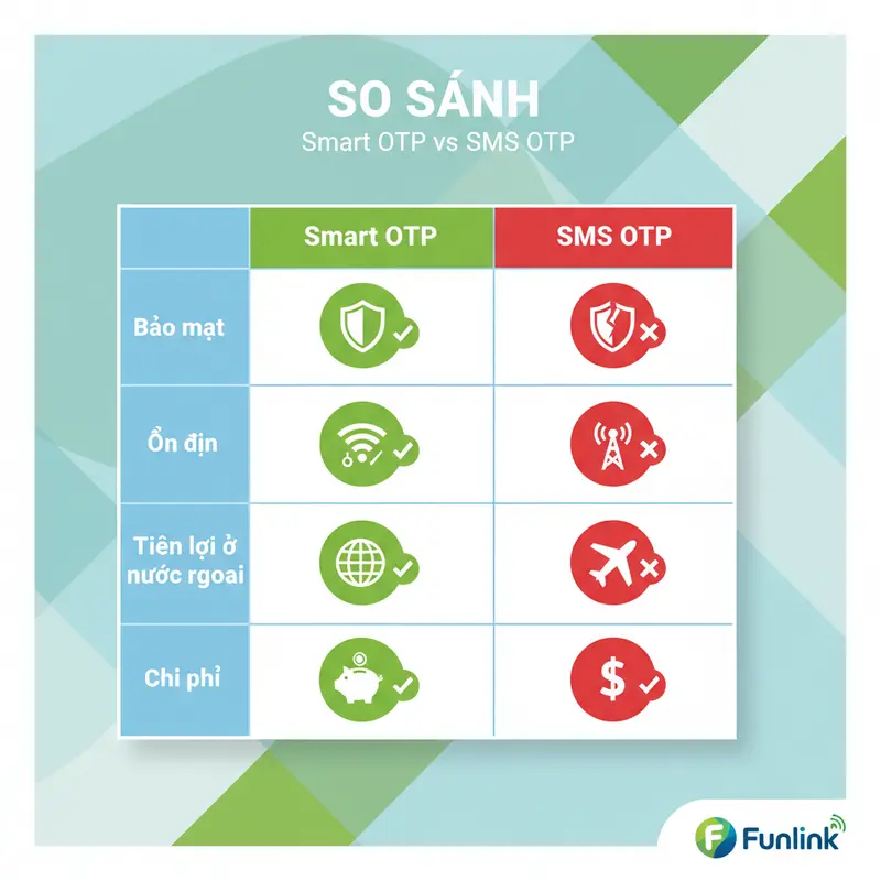 Bảng so sánh chi tiết giữa Smart OTP và SMS OTP về bảo mật, chi phí và sự tiện lợi.