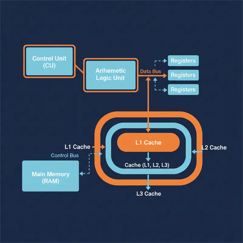 Sơ đồ cấu tạo của một CPU, bao gồm các khối CU, ALU, Registers và Cache.