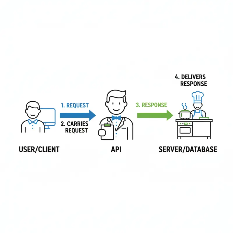 Sơ đồ minh họa cách hoạt động của API theo mô hình khách-phục vụ-bếp