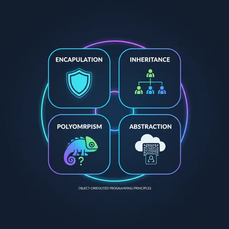 Sơ đồ 4 nguyên lý của OOP bao gồm tính đóng gói, kế thừa, đa hình và trừu tượng