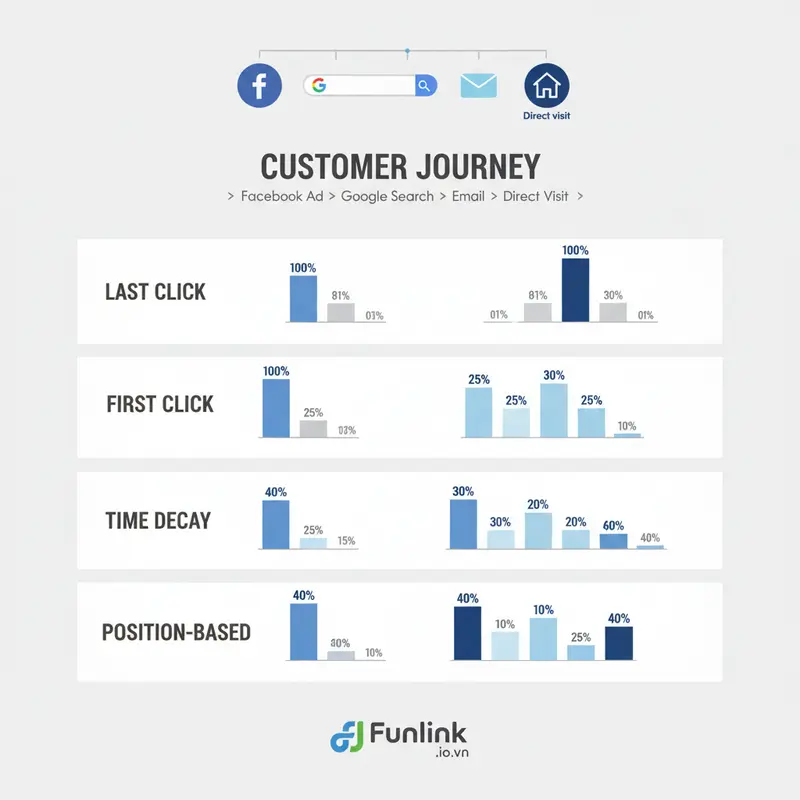 Sơ đồ so sánh 5 mô hình attribution model phổ biến, minh họa cách phân bổ chuyển đổi cho từng điểm chạm.
