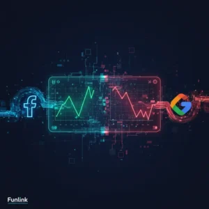 Hình ảnh giải thích tại sao số liệu Facebook Ads và Google Analytics khác nhau, với logo hai nền tảng và các biểu đồ dữ liệu.