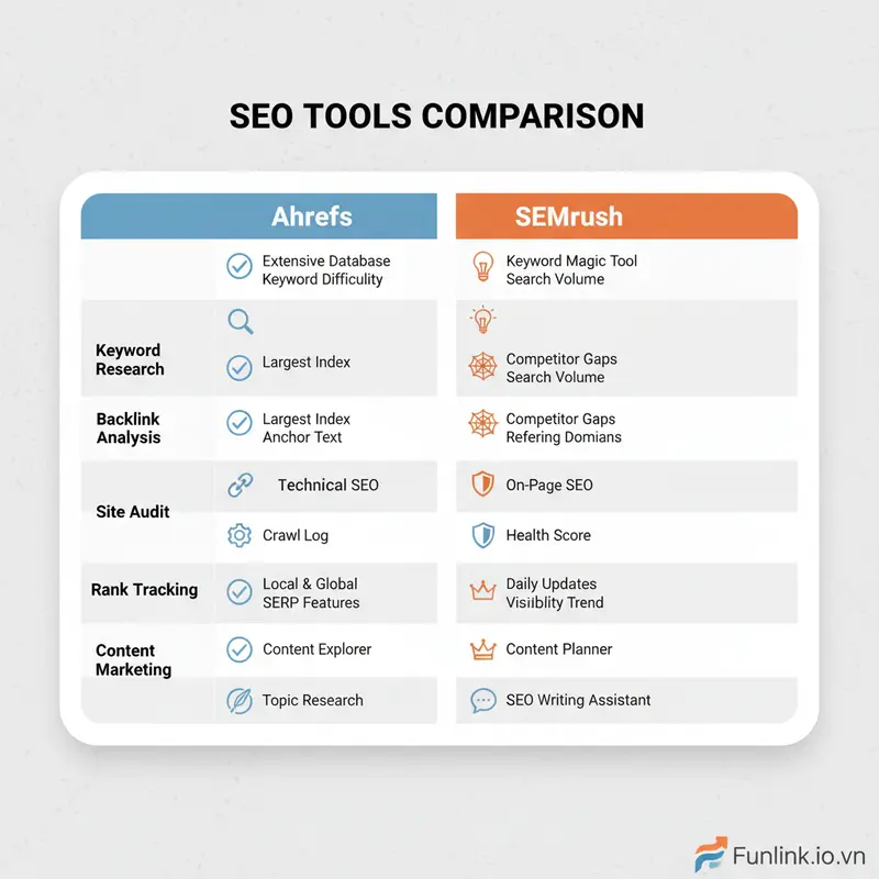 Bảng so sánh Ahrefs và SEMrush chi tiết theo các tiêu chí SEO quan trọng.