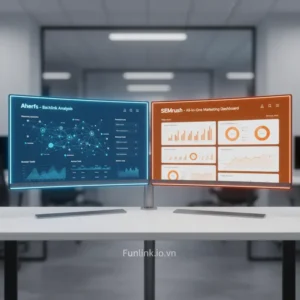 So sánh Ahrefs và SEMrush: Giao diện và các chỉ số SEO chính trên màn hình laptop.